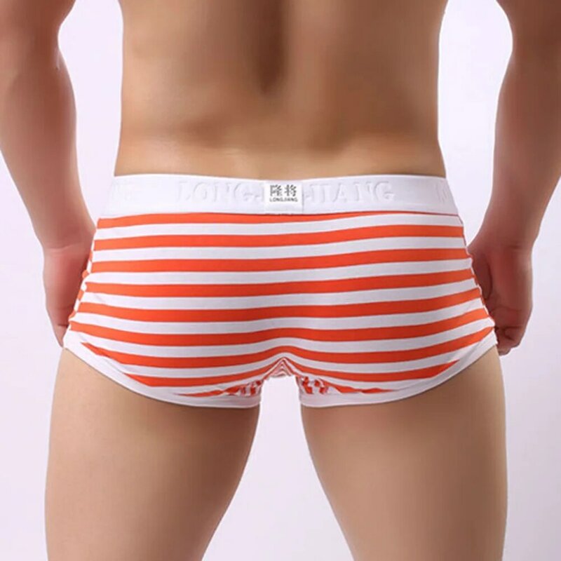 Fashion Men\'s 95% Cotton Boxers Shorts Middle-Rise Striped Briefs Underwear Pouch Bag Separation Breathable Men Panties