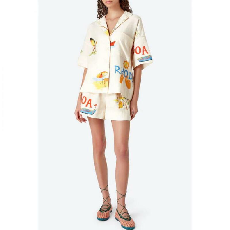 Женский комплект из двух предметов, рубашка на пуговицах с V-образным вырезом, шорты с высокой талией и принтом, домашняя одежда, пижамный комплект
