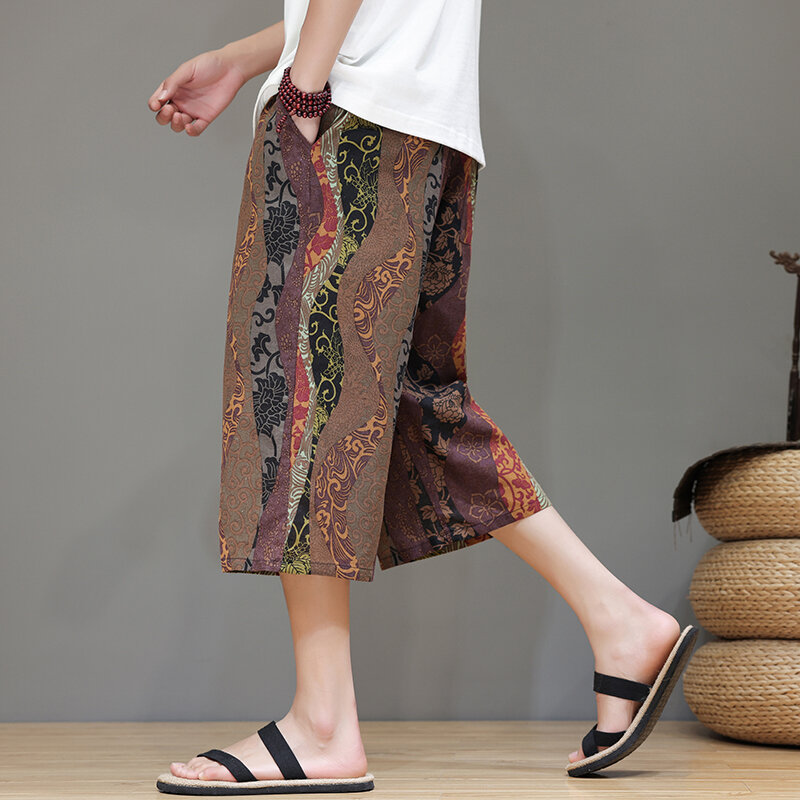 Summer Haren Pants For Men Cotton Harajuku Jogging Pants Male Vintage Elastic Waist Men Calf-Length Pants New Streetwear