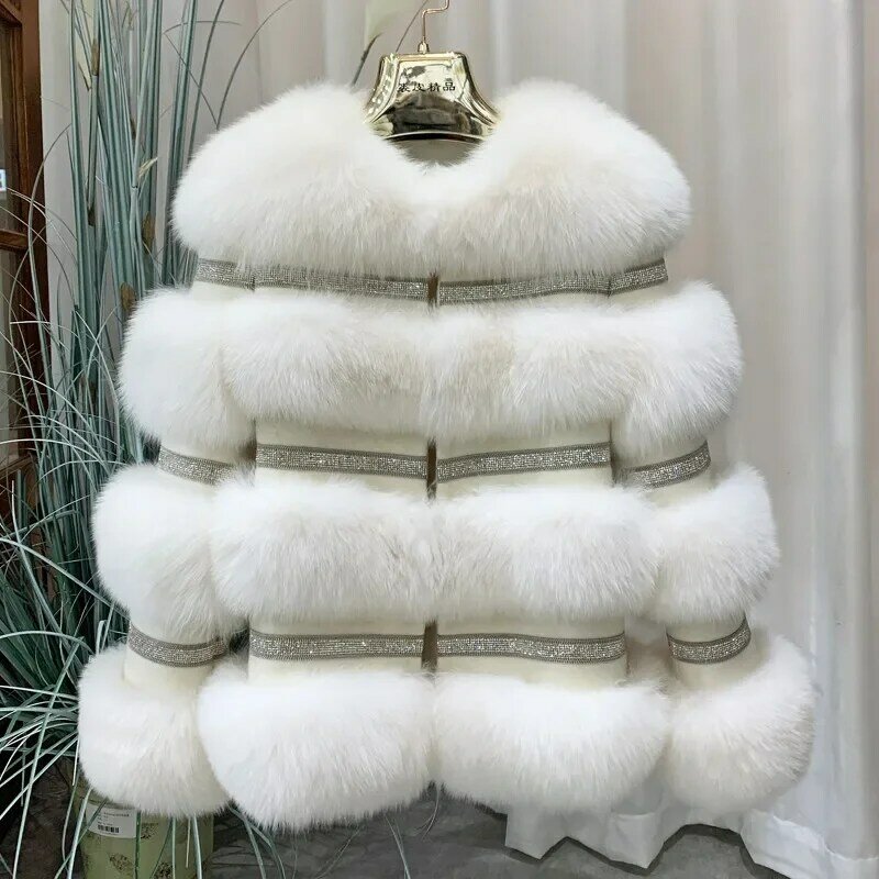 Manteau de fourrure véritable pour femme, veste d'hiver, fourrure de renard naturelle, diamants optiques, streetwear chaud, marque de luxe, nouvelle mode, 2024