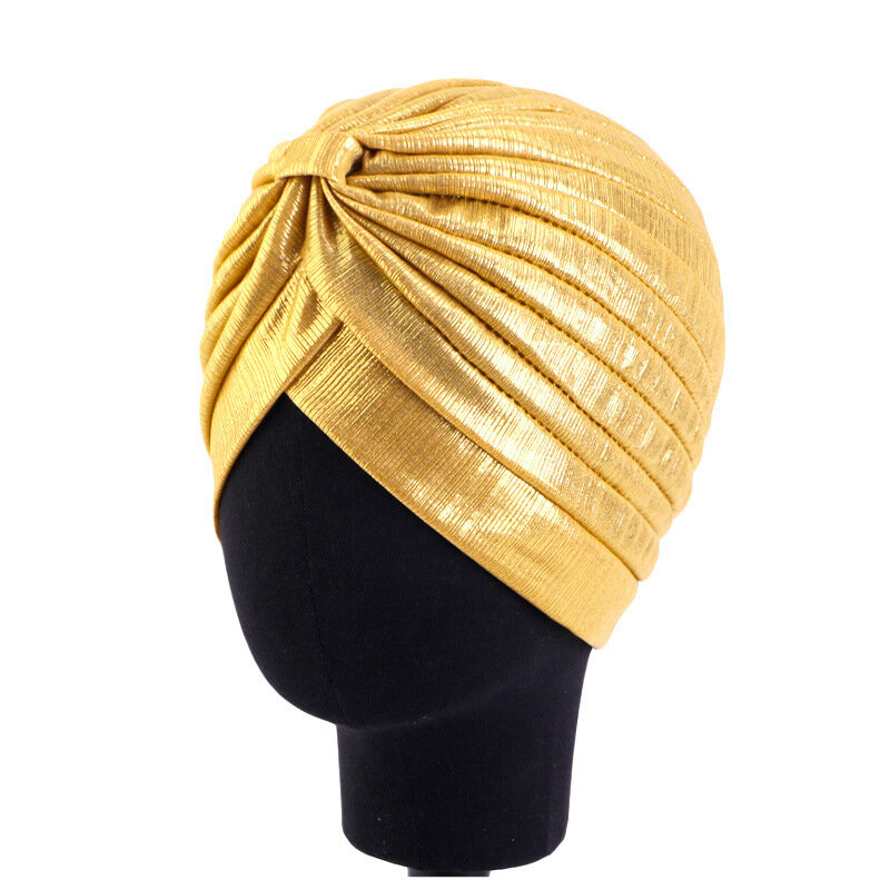 Topi ikat kepala Turban logam, ikat kepala Bandana warna emas dan perak, topi Beanie penutup kepala untuk Kemo Muslim