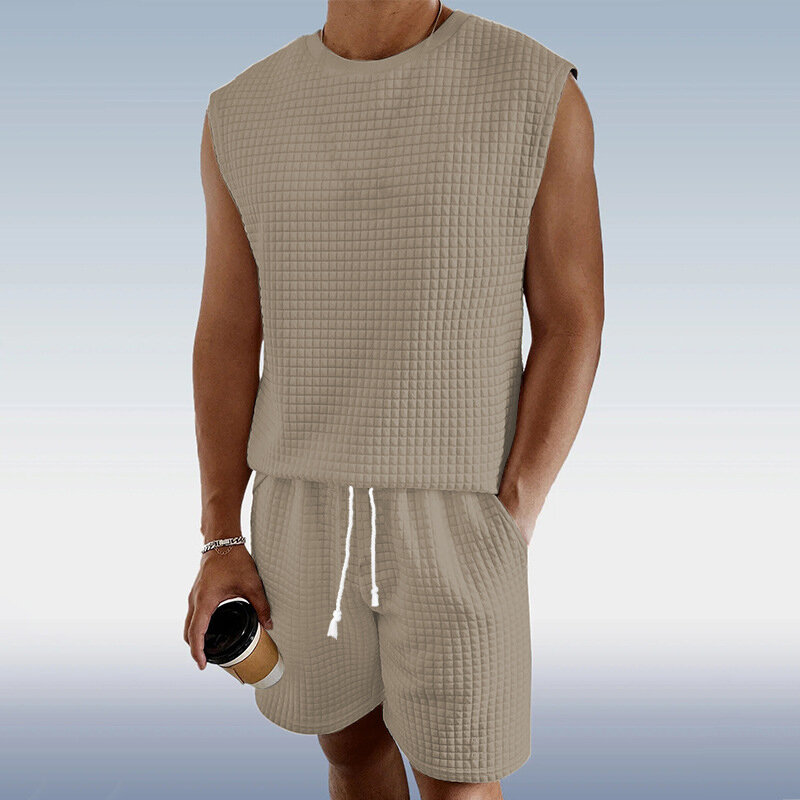 男性用Tシャツとショーツのセット,ヴィンテージのルーズワッフルの衣装,カジュアルな夏のストリートウェア,2ユニット