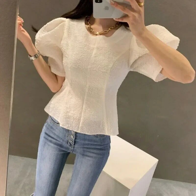 Summer Women Puff Short Sleeve  Neck Shirt Blouse Korean Style Slim Solid  2023 Spring New All Match Ladies Top