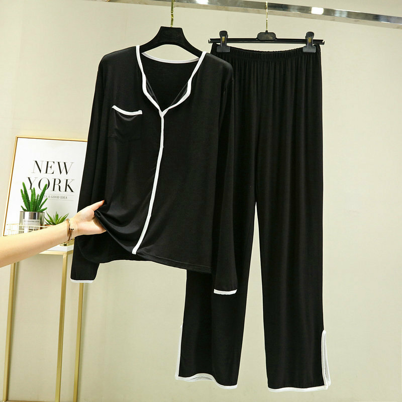 Loose XXL Plus Size Homewear Spring New Casual Pijama Set Loose Nightwear Modal 2PCS Pajamas Long Sleeve Trousers Home Suit