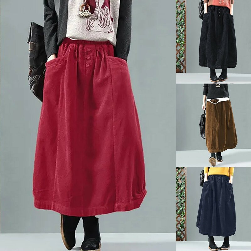 Autumn Winter Corduroy Skirt Women Vintage Midi Long Skirts Female Elastic Waist A-line Pleated Skirt Big Size Pleated Skirt