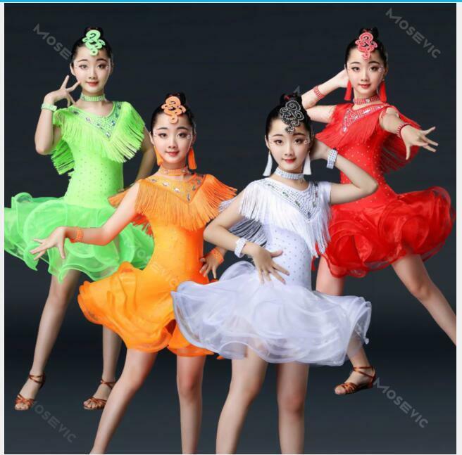 1pcs/lot children organza tassel latin dress girl rhinestone latin Tango Rumba Samba Costume