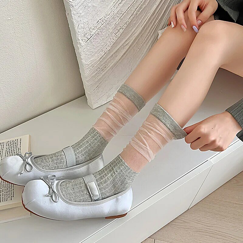 Meias de joelho de seda de vidro transparente ultrafinas para mulheres, monocromáticas, respiráveis, moda verão