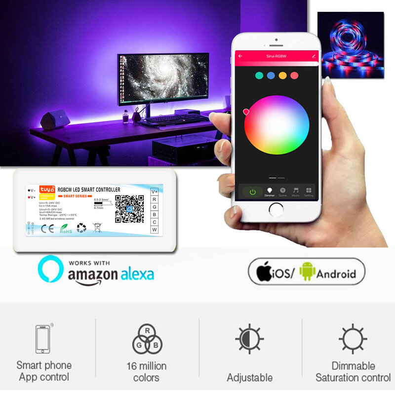 투야 와이파이 스마트 컨트롤러, DC5-24V 단색 조광기, RGB RGBW RGBCCT LED 스트립, 스마트 라이프 앱, 알렉사 구글 홈 음성 제어