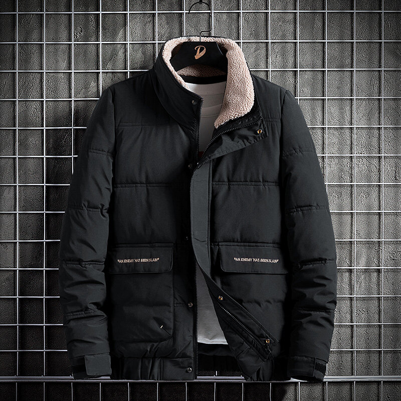 Inverno novo casaco masculino gola de pele fino ajuste tendência quente casual lapela jaqueta de algodão curto
