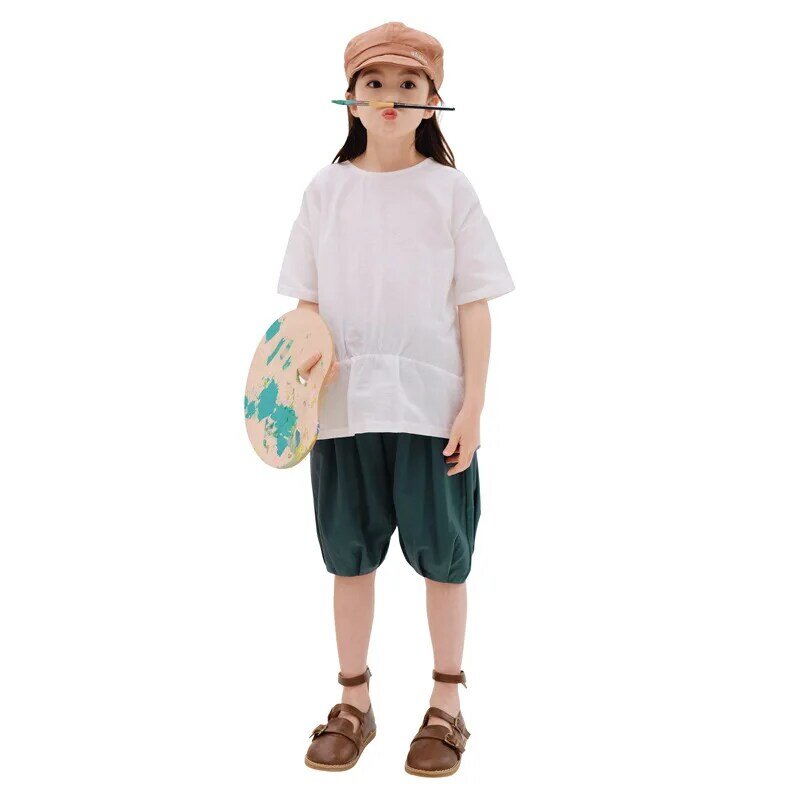 Ensemble de vêtements d'été coréen pour filles, 2 pièces, t-shirt en coton et lin + short rétro décontracté solide pour filles de 4 à 12 ans