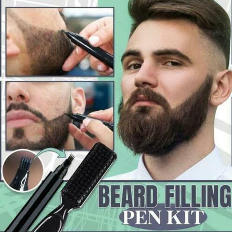Kit de pluma de llenado de barba, lápiz de relleno de barba de cuatro puntas con cepillo de barba, resistente al agua, reparación de bigote masculino, pluma para colorear moldeadora