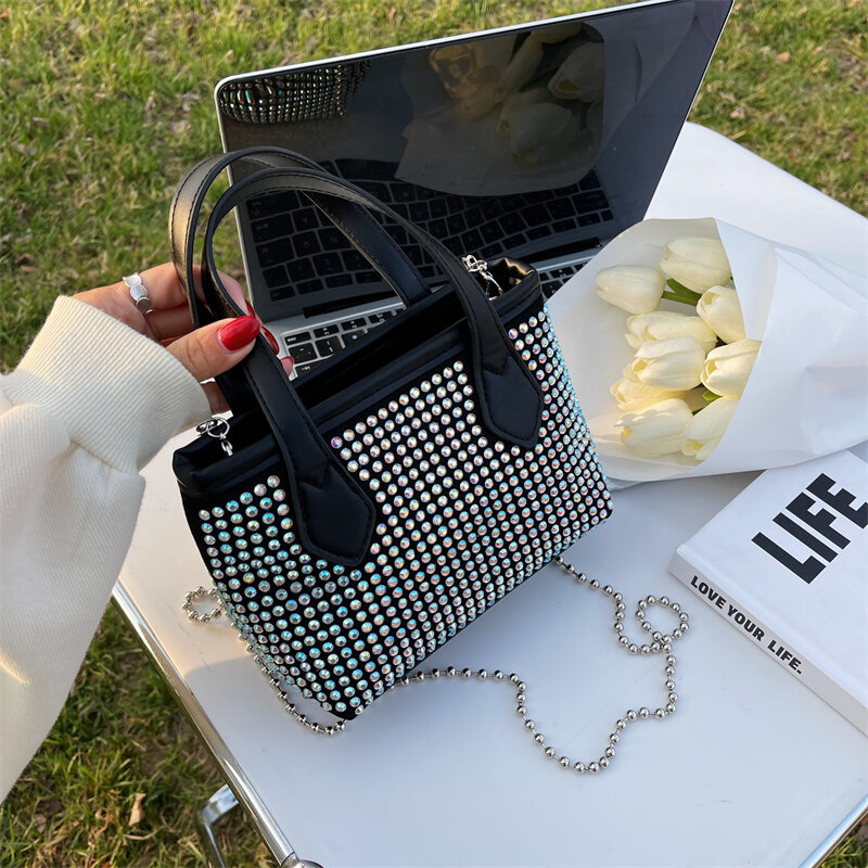 Panie kryształowy diament torebka moda luksusowa marka złota musujące torebka łańcuch Mesh torebka na imprezę