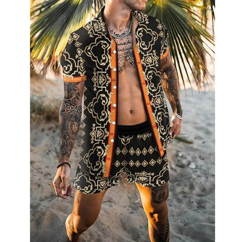 Homens 3D Patchwork conjuntos de camisas estampa, lapela manga curta, shorts de praia extragrandes casuais, streetwear verão, ternos havaianos