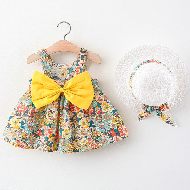 小さな女の子のための2つの部分のセット、夏の服、韓国のファッション、かわいい弓、ノースリーブ、プリンセスドレスとサンハット、子供のための、b136