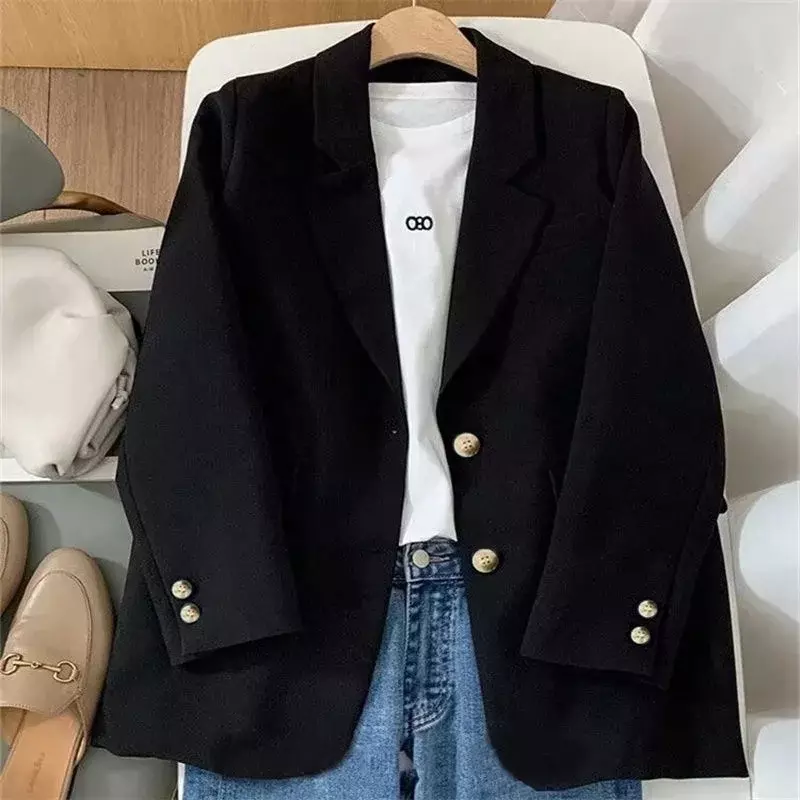 Blazer wanita Korea, atasan kasual mantel Blazer kantor wanita Single-Breasted longgar Mode Korea Musim Semi dan Gugur 2024