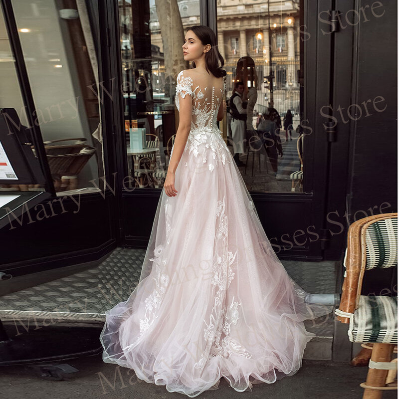 2024 popularne Vintage A Line damskie suknie ślubne nowoczesne aplikacje koronkowe suknie panny młodej guziki iluzja plaży Vestidos De Novias