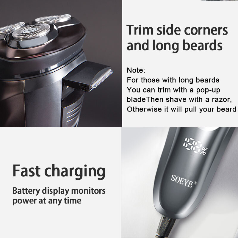 Impermeável barbeador elétrico para homens, navalha inteligente, barba Timmer, molhado e seco máquina de barbear, IPX7