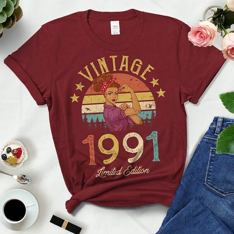 Vintage 1991 Limited Edition Woman Tshirts Retro 33nd 33 Years Old Birthday Party Gift Femme T Shirts Summer Women Fashion Top