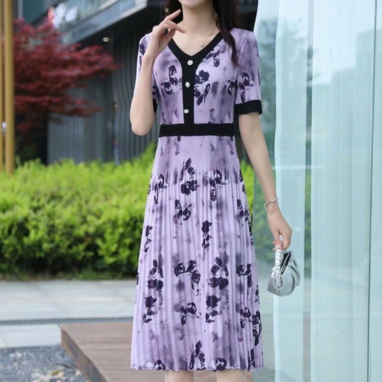 Elegant Chiffon V-Neck Stylish Print Folds Spliced Midi Dress Women's Clothing Summer Office Lady Ladies Short Sleeve Slim Dress