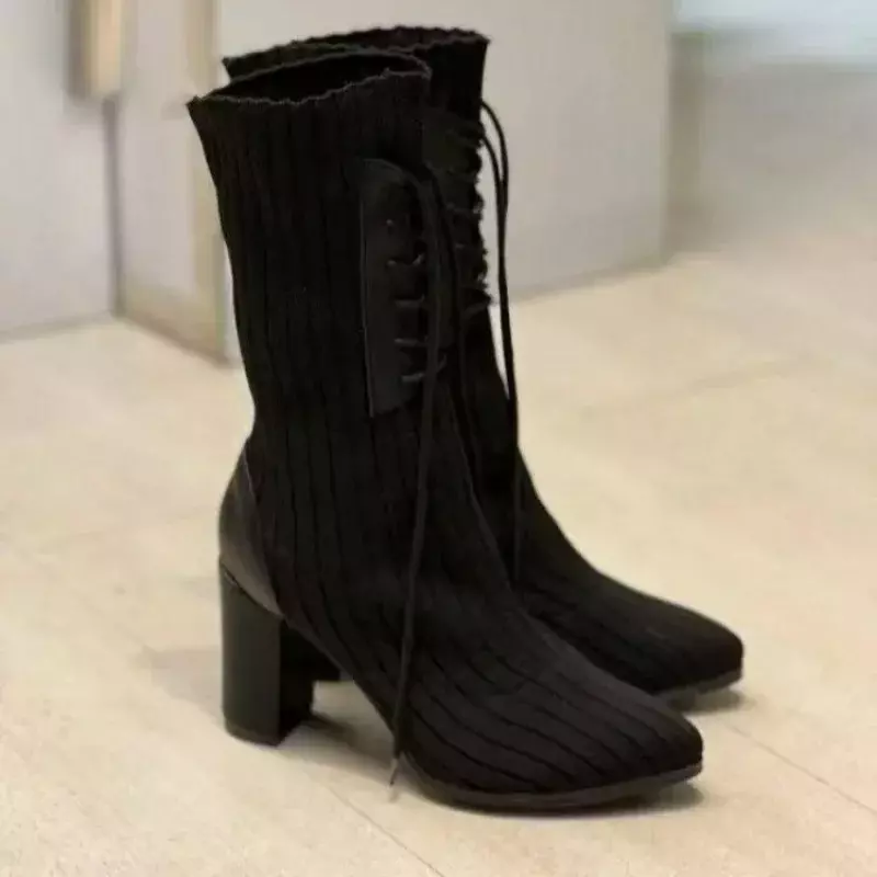 Ladies Shoes on Sale 2023 Fashion Lace Up Women Boots Winter Pointed Toe Solid Middle Tube Chunky Heel Large Size Stretch Boots