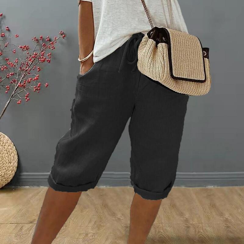 Celana pinggang elastis gaya Vintage, celana selutut dengan saku pinggang elastis untuk wanita bernapas celana ketat longgar