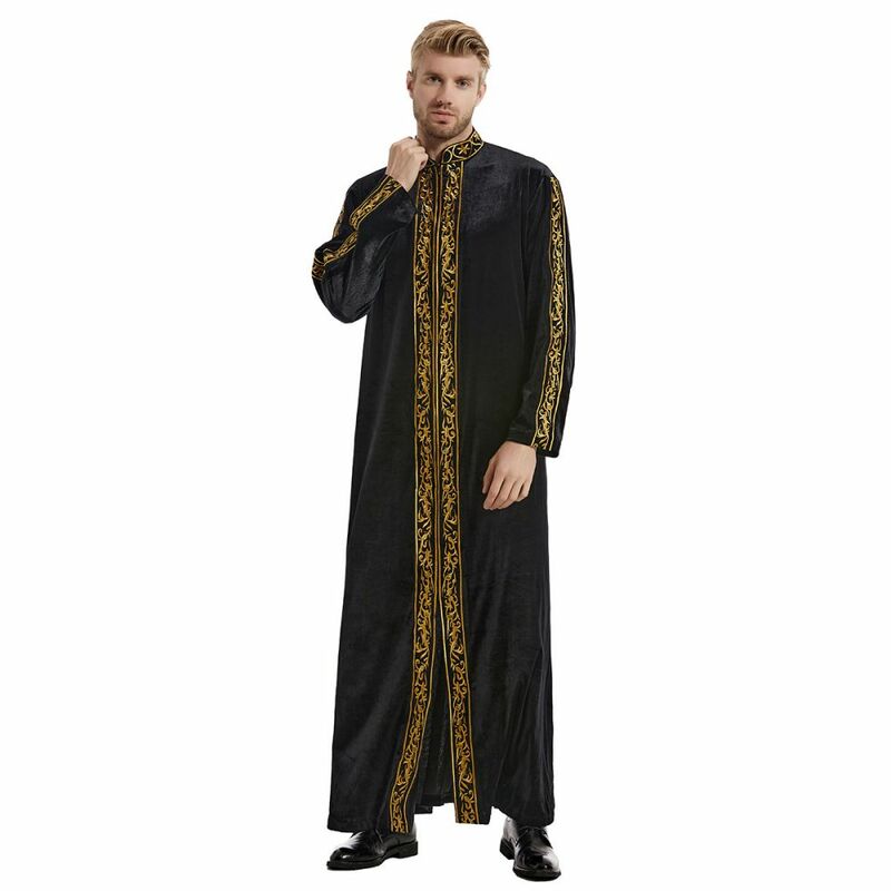 Jubah Pria Bordir Beludru Emas Muslim Timur Tengah Gaun Doa Islam Arab Kostum Nasional Atasan Lengan Panjang Mewah Mulia