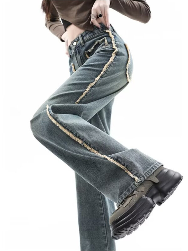 Ins Jeans feminino com cintura natural, calça preguiçosa, temperamento na moda, versátil, popular, novo, primavera e outono