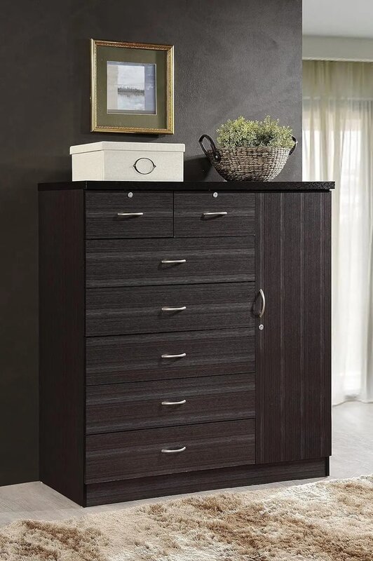 Hodedah 7 Drawer Jumbo Chest, Five Large Drawers, Two Smaller Drawers with Two Lock, Hanging Rod, and Three Shelves | Chocolate