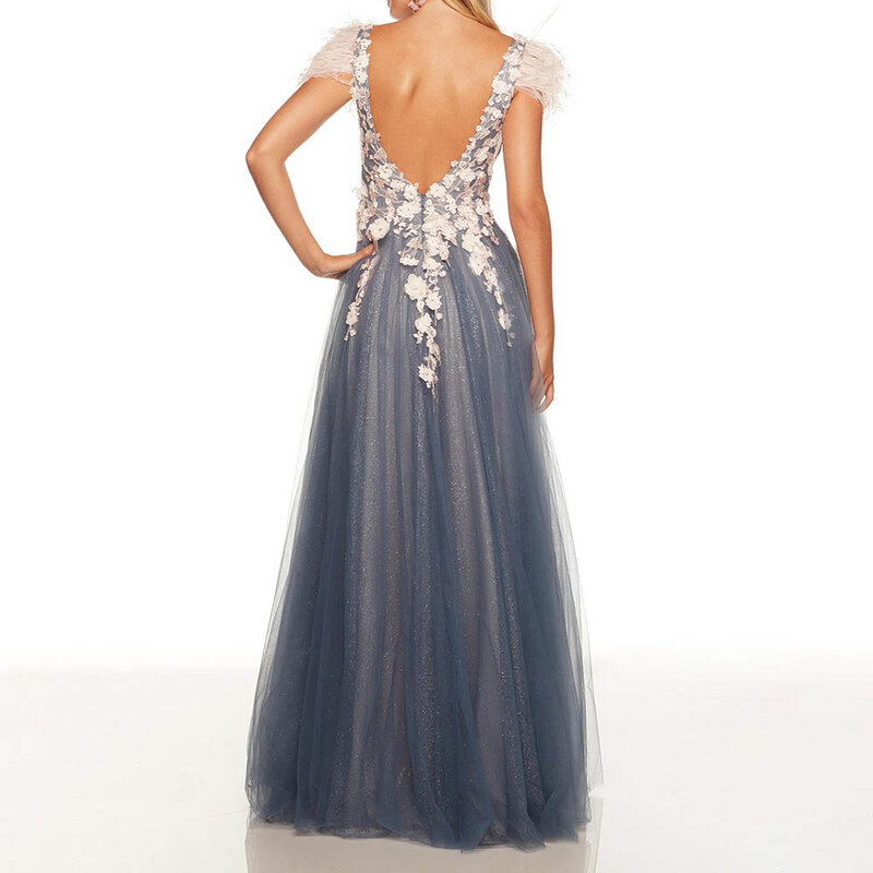 ТРАПЕЦИЕВИДНОЕ Тюлевое вечернее платье для выпускного вечера с V-образным вырезом, вышивкой 3D, цветочным принтом, открытой спиной и высоким разрезом, полная длина