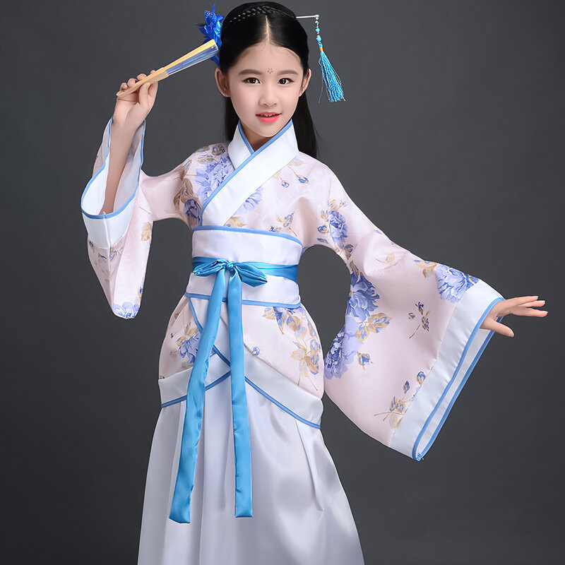 Traje antigo para crianças, traje Hanfu Tang menina, dinastia Qin Gege, traje de desempenho