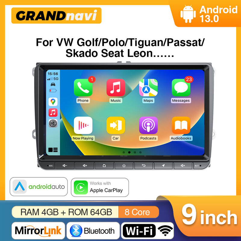 GRANDnavi-Radio con reproductor multimedia para coche, dispositivo de 2 dines con Android y navegador GPS compatible con Volkswagen Polo, Jetta, Skoda, Octavia 2, Golf 5, 7 y Touran