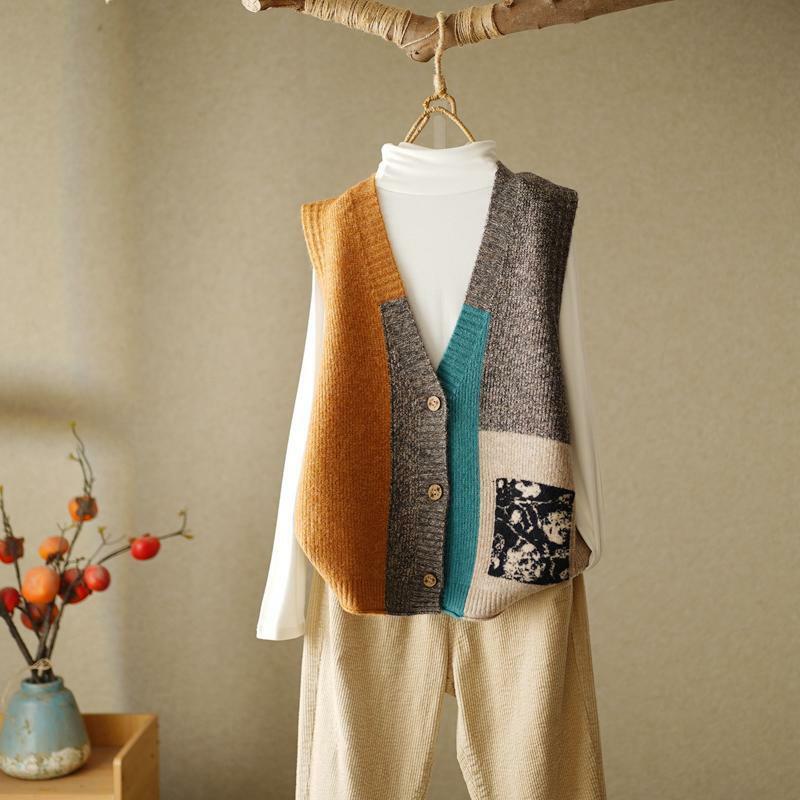 Herbst Frauen Getäfelten Vintage Pullover Weste Taste Strickjacken Strick Mode Sleeveless V-ausschnitt Lose Beiläufige Pullover Mäntel 2022