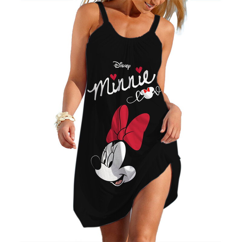 Damska kolorowa sukienka plażowa Disney Minie Mouse sukienki halkowe dziewczęce ubrania imprezowe miękkie ubrania kobiece dorywczo seksowna spódnica bez rękawów