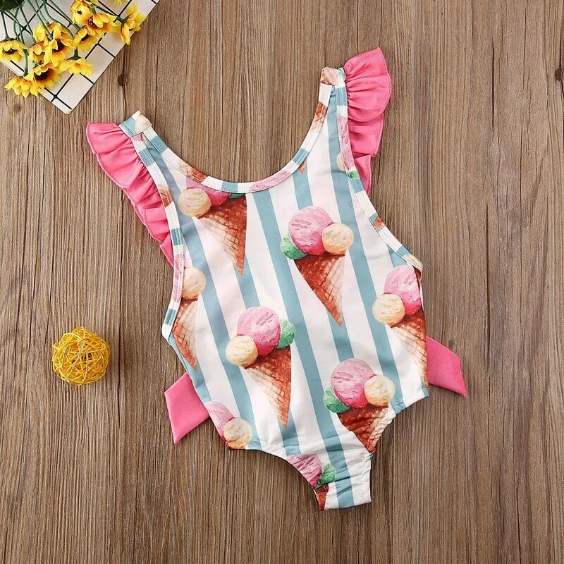 CANIS Infant Kinder Baby Mädchen Spitze Patchwork O Neck Striped Badeanzug Bademode Schwimmen Bikini Badeanzug