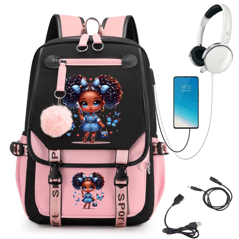 กระเป๋านักเรียน tas ransel anak perempuan ลายผีเสื้อสีดำสำหรับวัยรุ่นนักเรียนกระเป๋าเป้ใส่แล็ปท็อปกระเป๋าเป้สะพายหลังชาร์จ USB