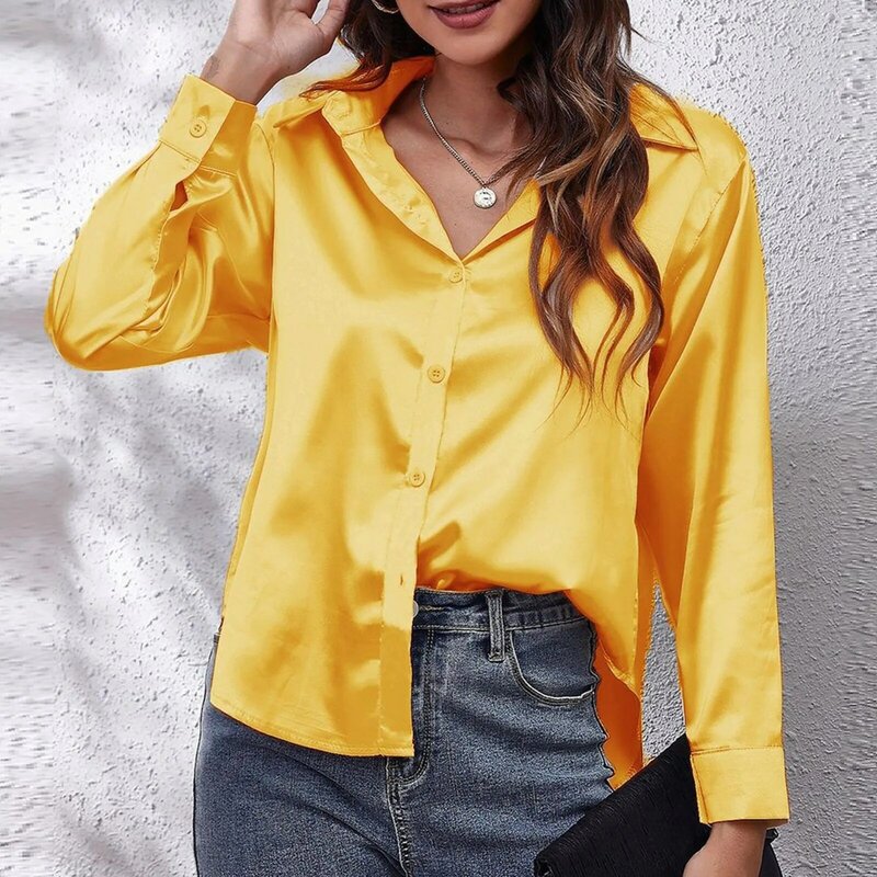 Женская атласная рубашка из искусственного шелка, модная винтажная блузка на пуговицах с отложным воротником и длинными рукавами, однотонные Свободные повседневные топы