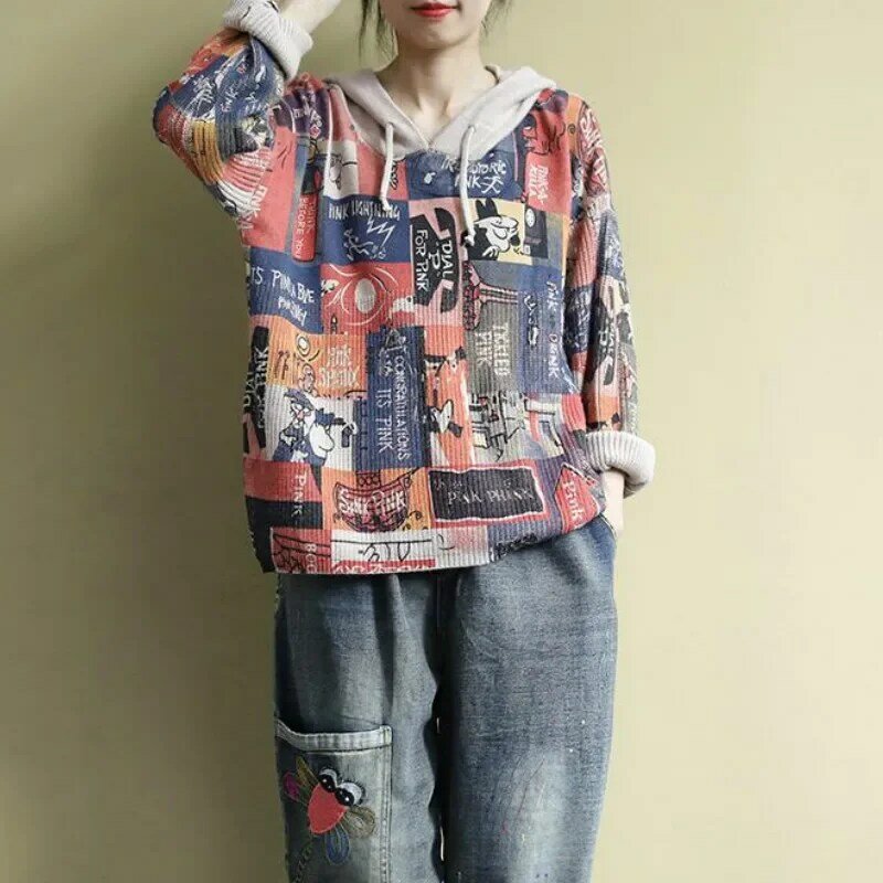 Damskie jesienne bluzki swetry z kapturem z długim rękawem nadruk kreskówkowy sweter damski Harajuku Plus rozmiar sweter wełniane ubrania Mujer