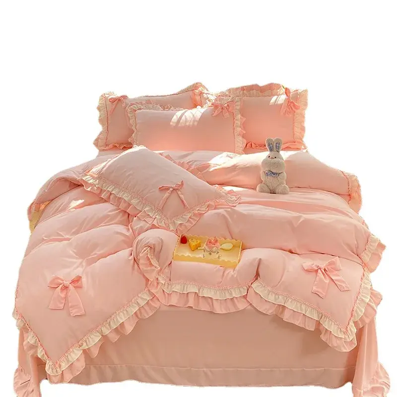 Girl's Washed Cotton Lace Sheet and Quilt Set, Princess Style Bedding, 4-Piece