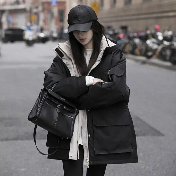 Blusão com capuz com bolsos laterais para meninas, design solto, zíper, casaco de inverno quente, moda coreana