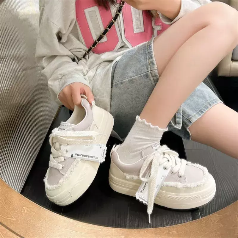 Low Ladies Shoes Canvas Whit High on Platform Lace Up Women Footwear Vulcanized for 2024 New Quality Luxury A in Trends 39 Shoe