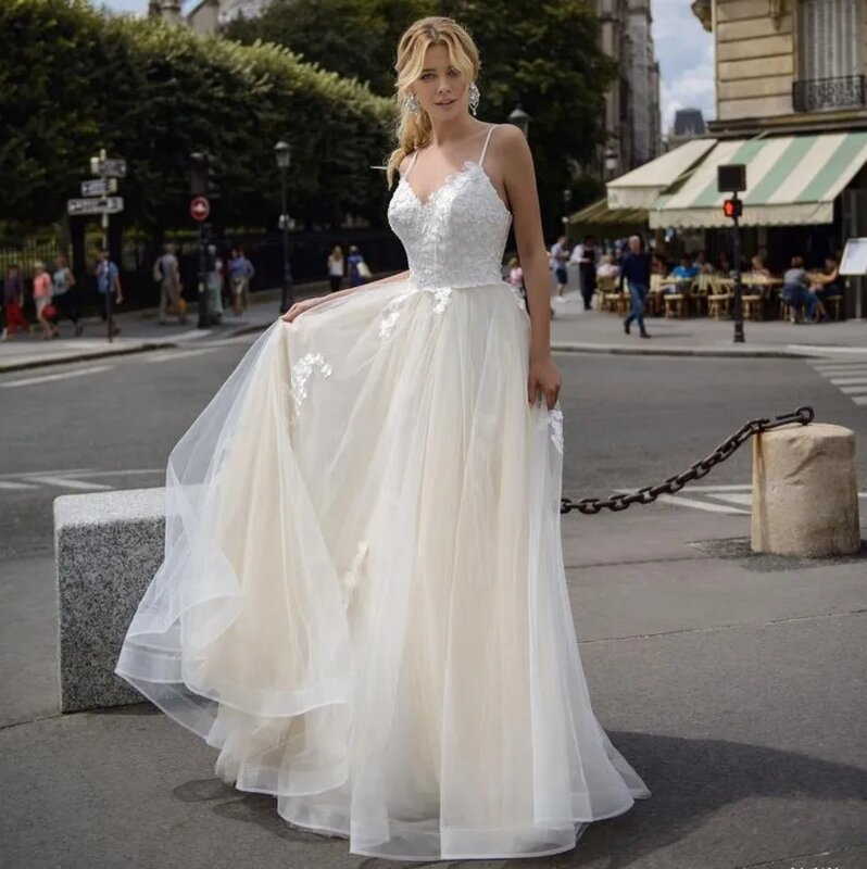 Fall In Love Spaghetti Straps Wedding Dress For Women Boho Beach Lace Appliques Bridal Gown Floor-Length A-Line Vestidos 2024
