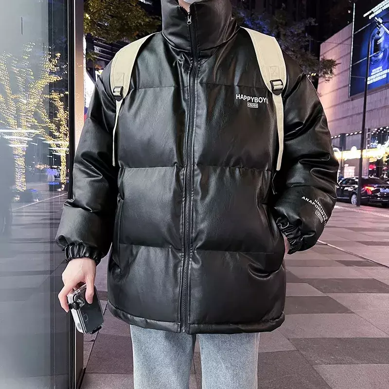 2023 nowy stojący kołnierz bawełniany płaszcz z nadrukiem ze skóry PU na jesień i zimę, zagęszczony pikowana kurtka płaszcz z ciepłej bawełny