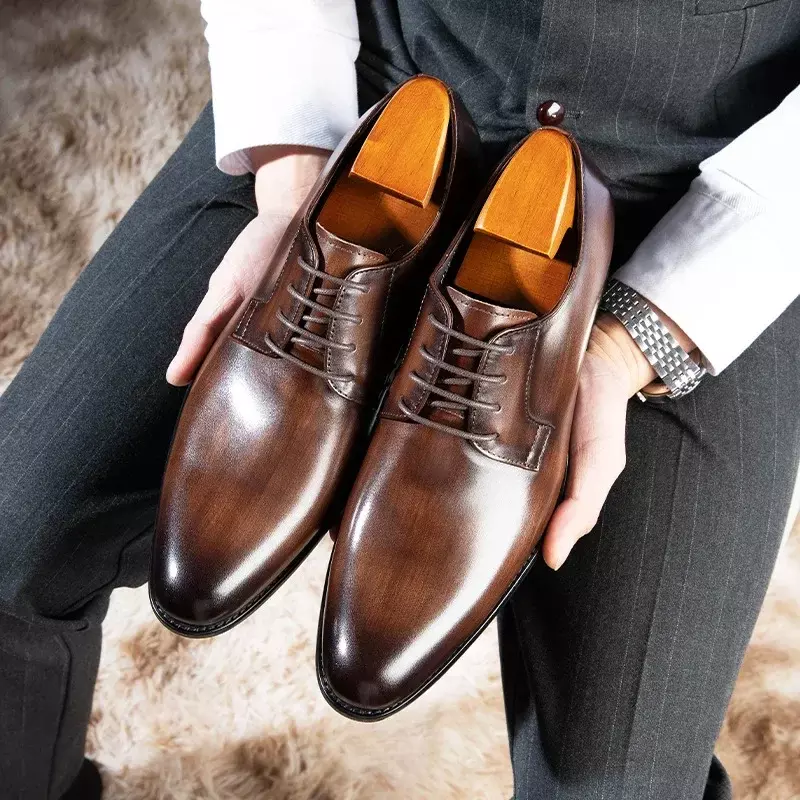 Zapatos de cuero de lujo para hombre, zapatos de vestir de alta calidad, Oxford, puntiagudos, para boda, 2023