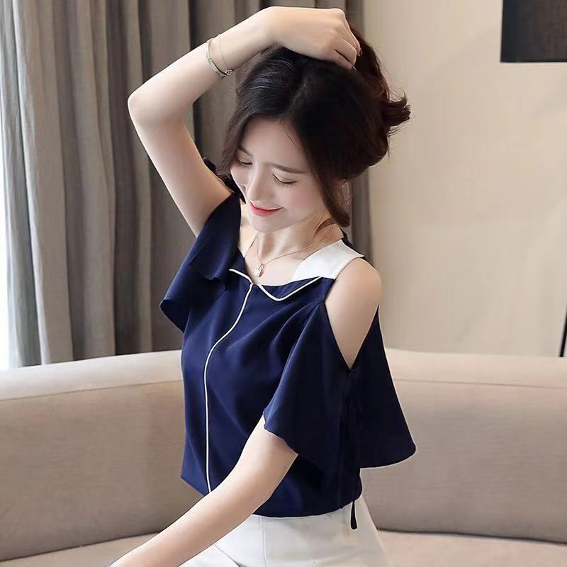 Elegant Fashion Harajuku Slim Fit Female Clothes Casual All Match Tops Women Patchwork Insert Korean Version Short Sleeve Blusa