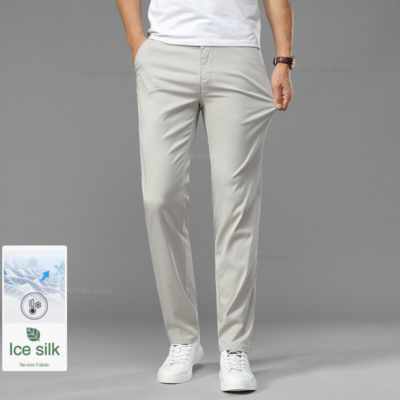 Letnie Ultra-cienkie męskie lodowy jedwab spodnie na co dzień miękkie wygodne jednolity kolor elastyczne proste spodnie biznesowe Biege Khaki