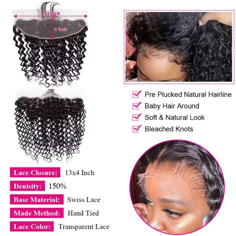 Deep Wave Bundles with Closure Brazilian Virgin Human Hair 3 Bundles with 13x4 Lace Closure with Baby Hair Natural Color Bundles