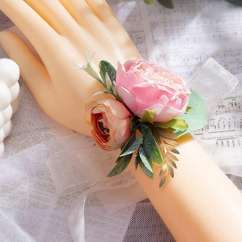 Wrist Corsage Flower para casamento, pulseira de dama de honra, seda rosa flor, casamento mão flores, festa decoração acessórios