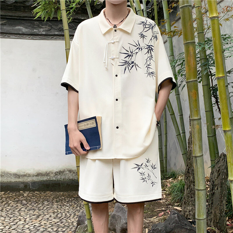 Conjuntos de roupas esportivas com padrão em folha de bambu masculino, shorts masculinos, estilo chinês, moda casual, verão, 2024