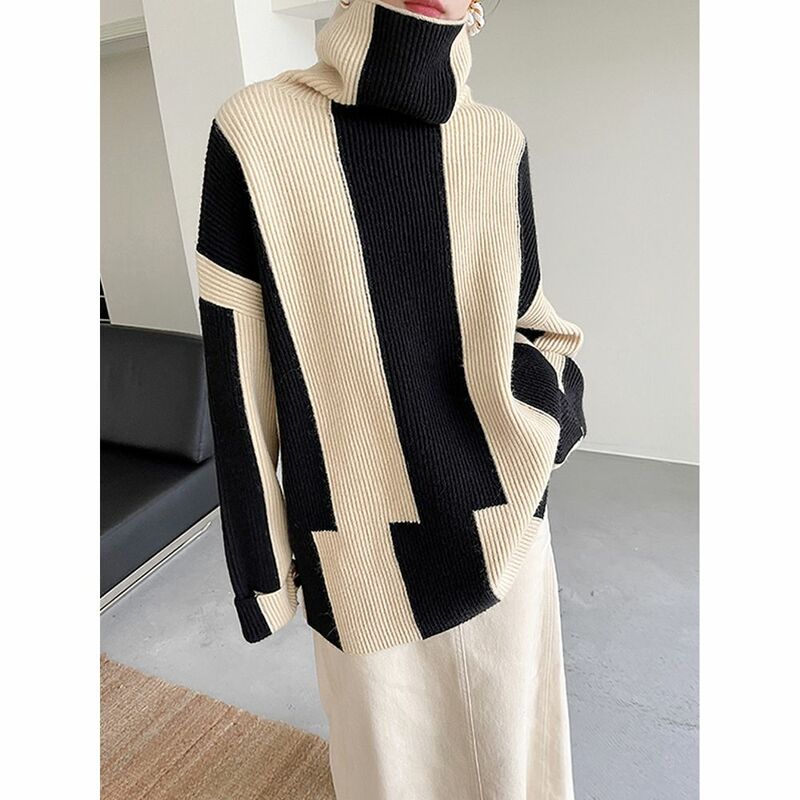 Patchwork Striped Sweaters Women Spring Summer New Turtleneck Knitted Pullovers Loose Long Sleeve Casual Warm Tops