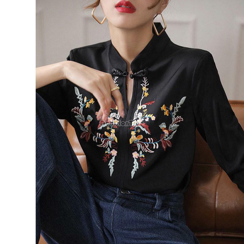 Top chinês tradicional para mulheres, top elegante, blusa vintage, camisa bordada, tangsuit, camisa d, novo, 2023